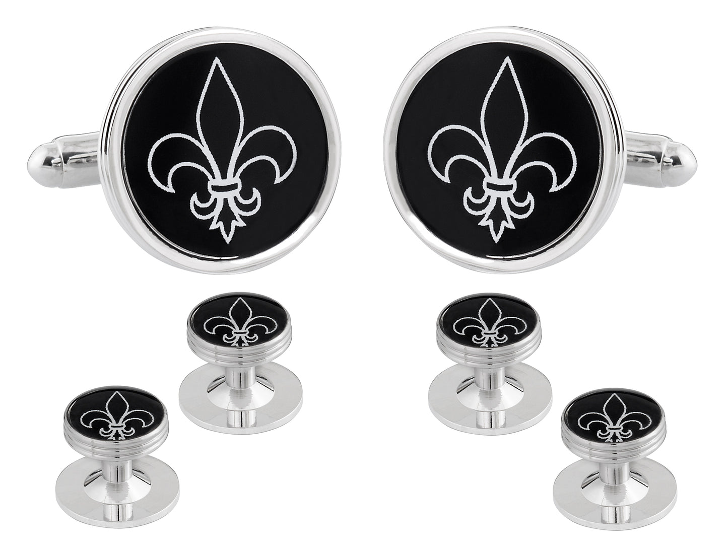 Fleur De Lis Black Silver Cufflinks Studs Tuxedo Formal Set
