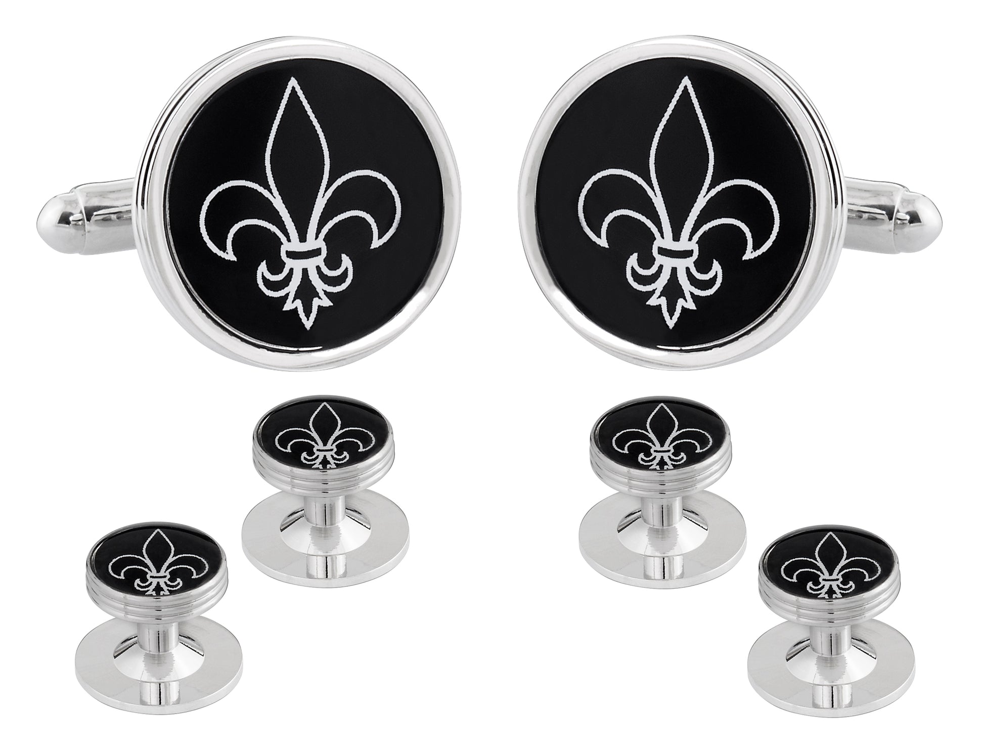 Fleur De Lis Black Silver Cufflinks Studs Tuxedo Formal Set