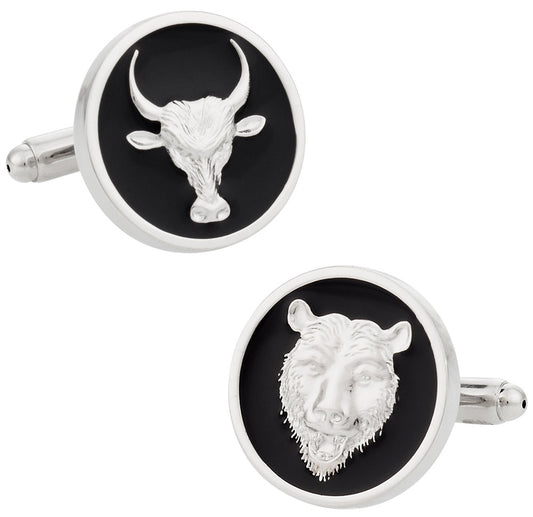 Bull & Bear Cufflinks Black Silver Round