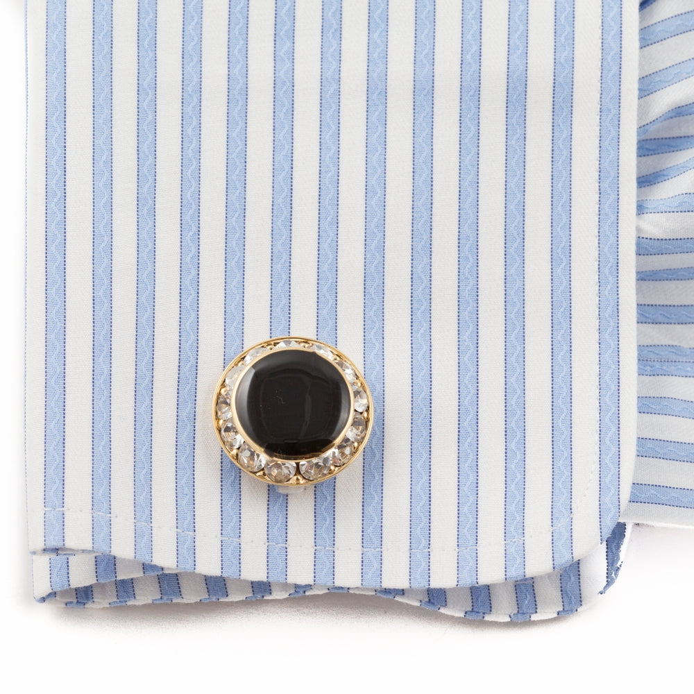 Black, Gold, and Crystal Round Formal Set of Cufflinks and Studs
