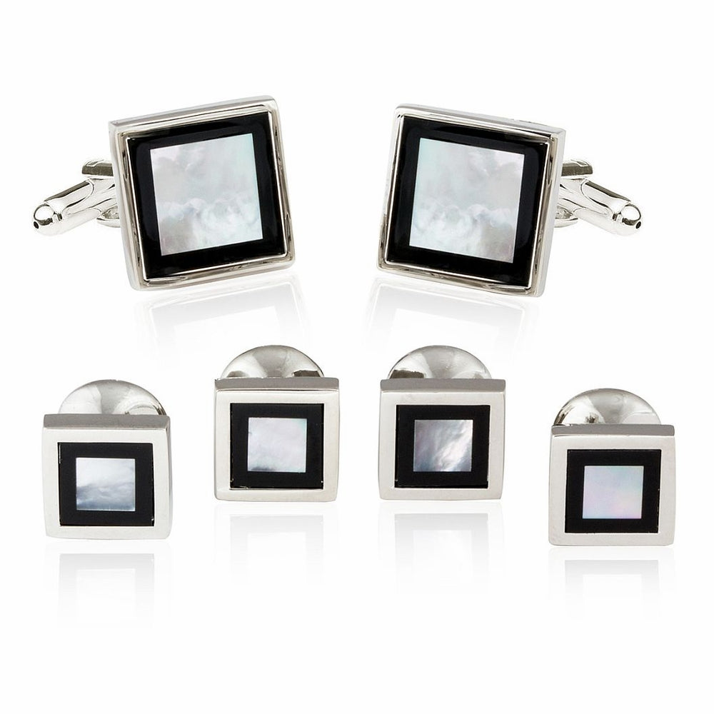 Framed Mother of Pearl Onyx Tuxedo Set Cufflinks Studs