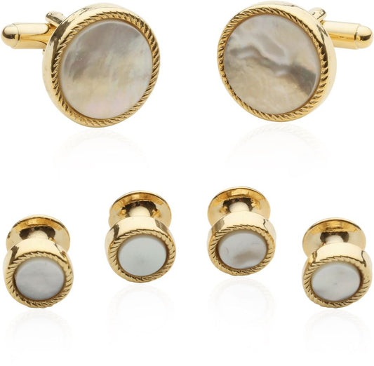 Men's Ribbed Mother of Pearl Gold Tuxedo Cufflinks & Studs