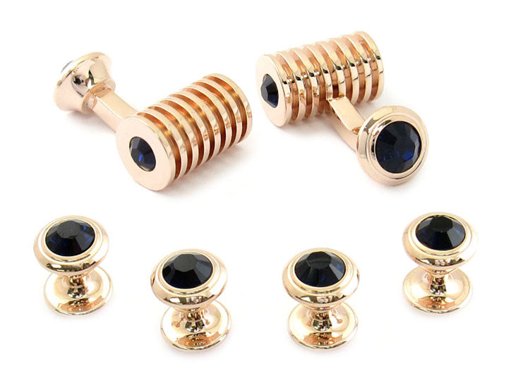 Rose Gold Blue Swarovski Barrel Cufflinks and Studs