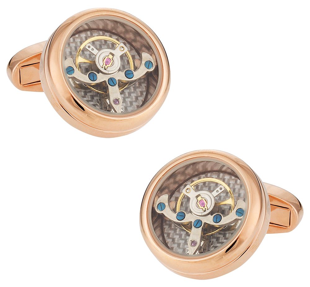 Rose Gold Silver Working Tourbillon Carbon Fiber Watch Cufflinks Steampunk