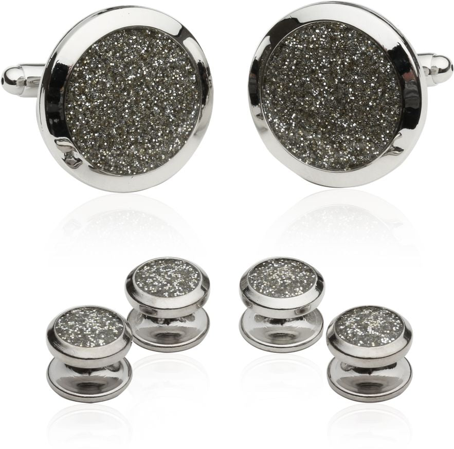 Men's Silver Diamond Dust Tuxedo Cufflinks and Studs