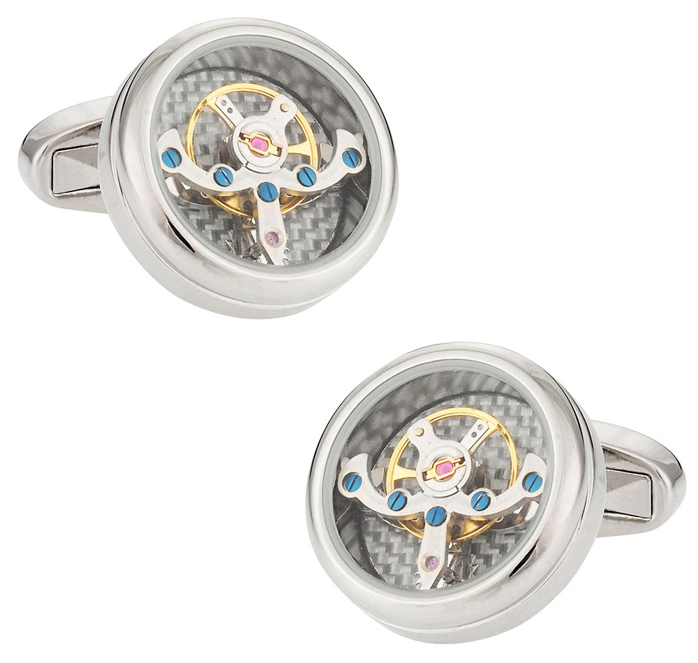 Silver Tourbillon Carbon Fiber Watch Cufflinks Working Steampunk