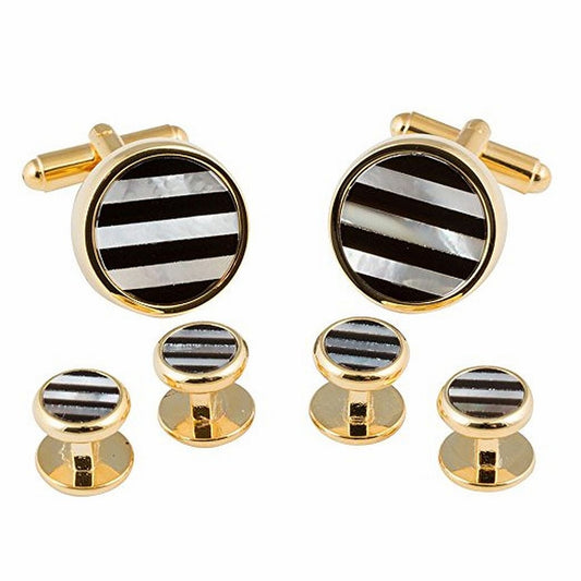 Striped Onyx and Mother of Pearl Gold Cufflinks and Studs