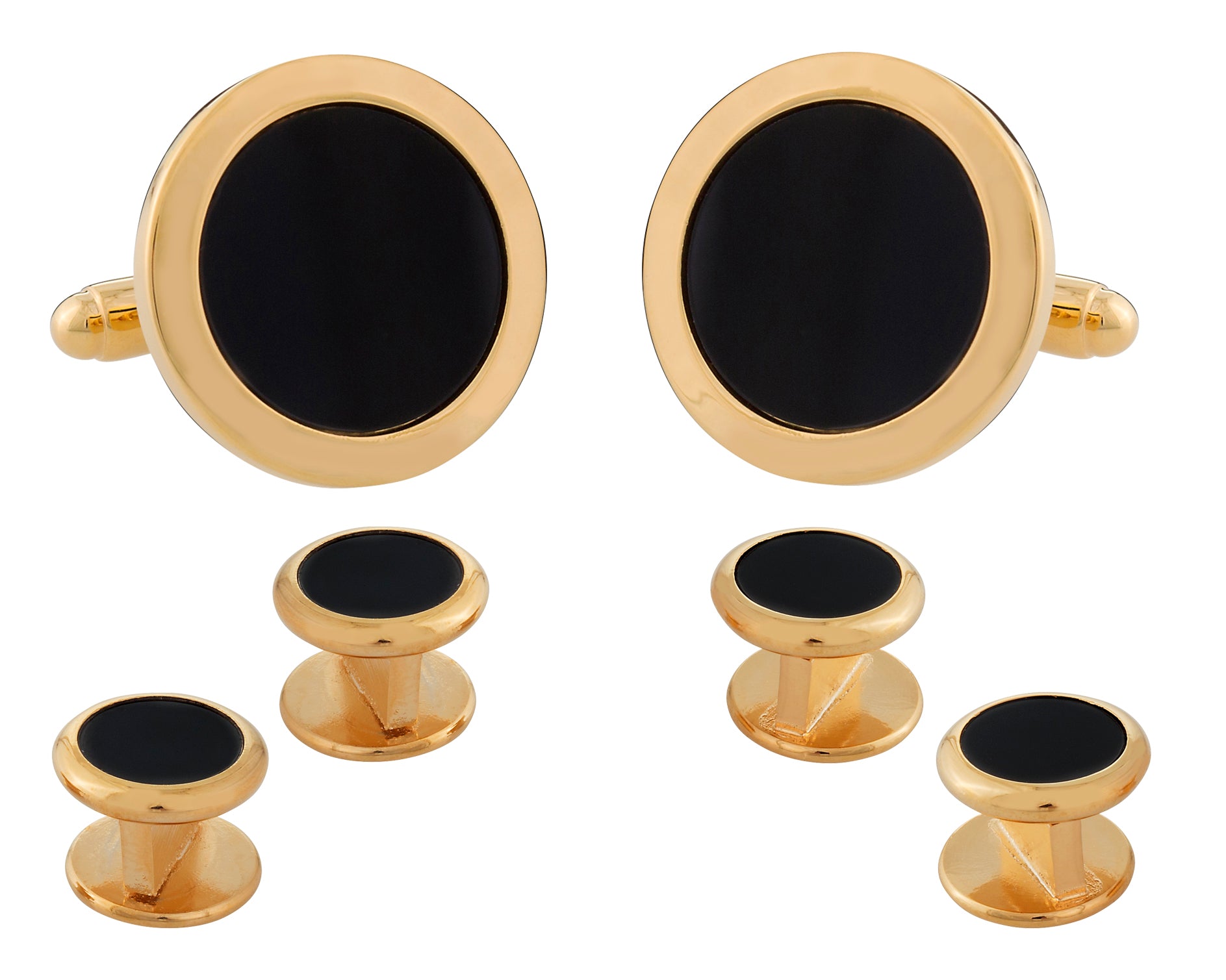 Mens Round Black Onyx Gold Cufflinks Studs Tuxedo Formal Set