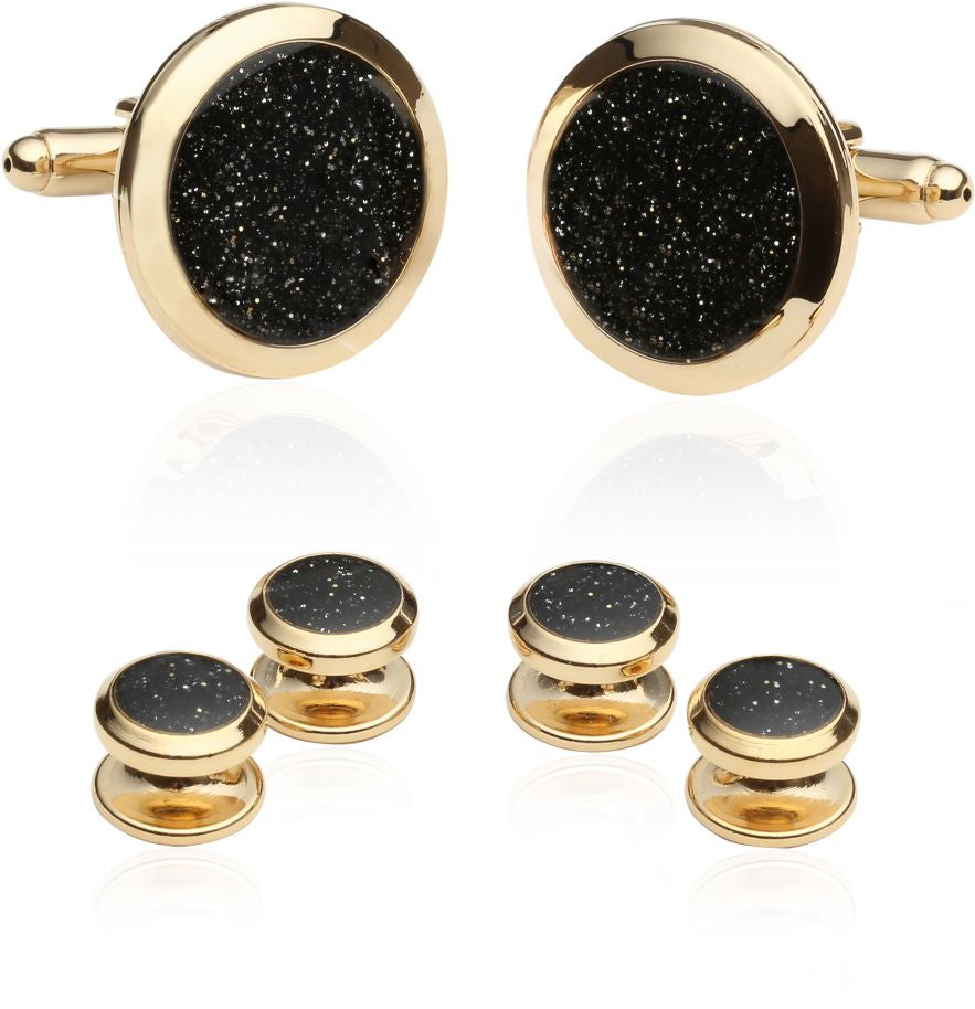 Men's Black Diamond Dust Gold Cufflinks and Studs