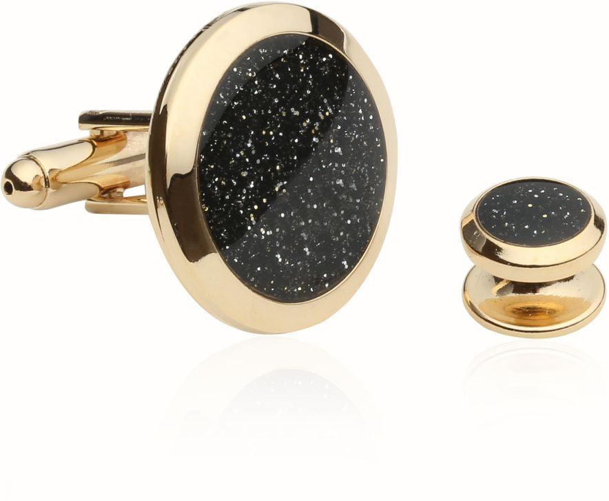 Men's Black Diamond Dust Gold Cufflinks and Studs