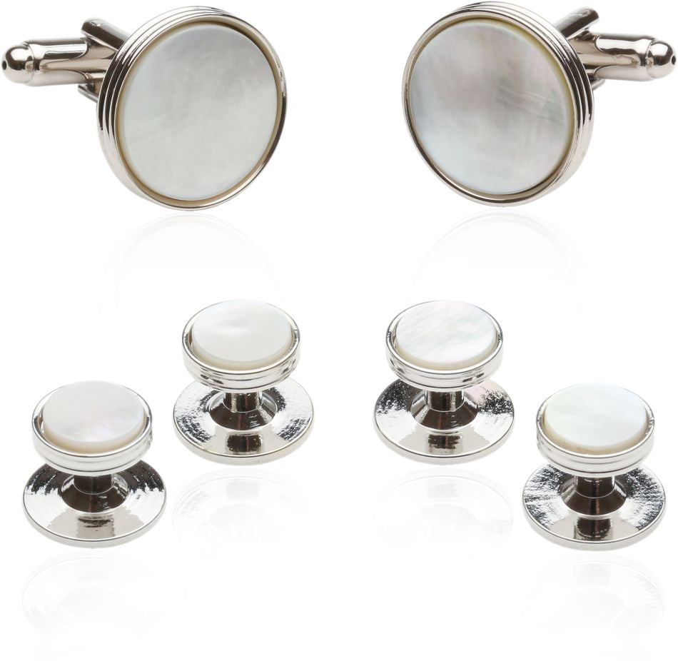 Classic Tuxedo Cufflinks Studs with Mother of Pearl Silver