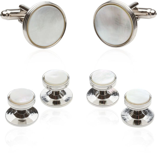 Classic Tuxedo Cufflinks Studs with Mother of Pearl Silver