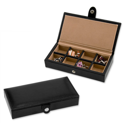 Cufflinks Rings Storage Box in Black Leather - holds 8 Pairs - Perfect for Travel