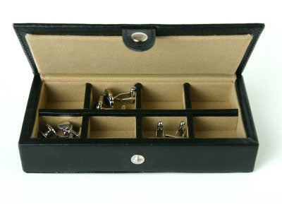 Cufflinks Rings Storage Box in Black Leather - holds 8 Pairs - Perfect for Travel