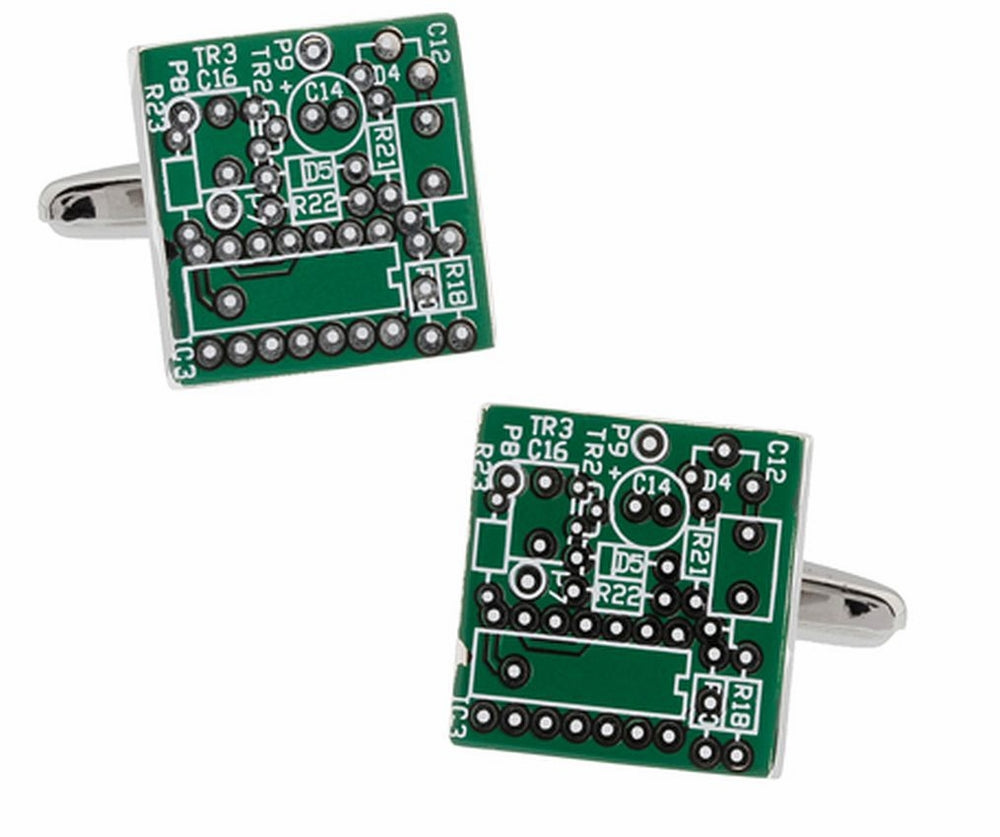 Upcycled Green Circuit Board Computer Chip Motherboard Cufflinks