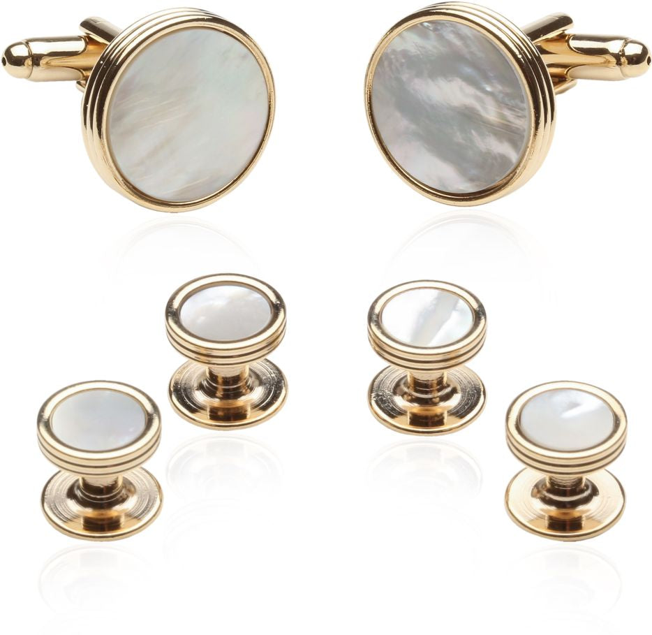 Men's Mother of Pearl Gold Tuxedo Cufflinks Studs Set