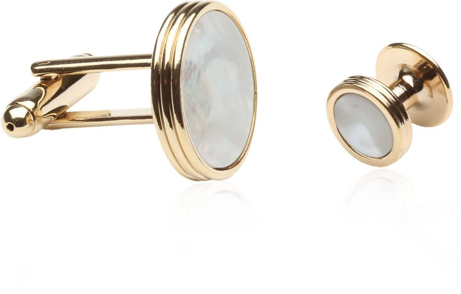 Men's Mother of Pearl Gold Tuxedo Cufflinks Studs Set