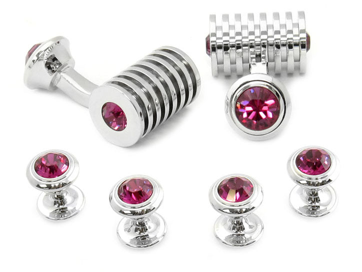 Men's Silver Fuschia Swarovski Barrel Cufflinks and Studs