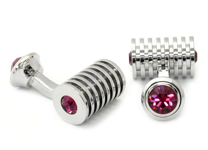 Men's Silver Fuschia Swarovski Barrel Cufflinks and Studs