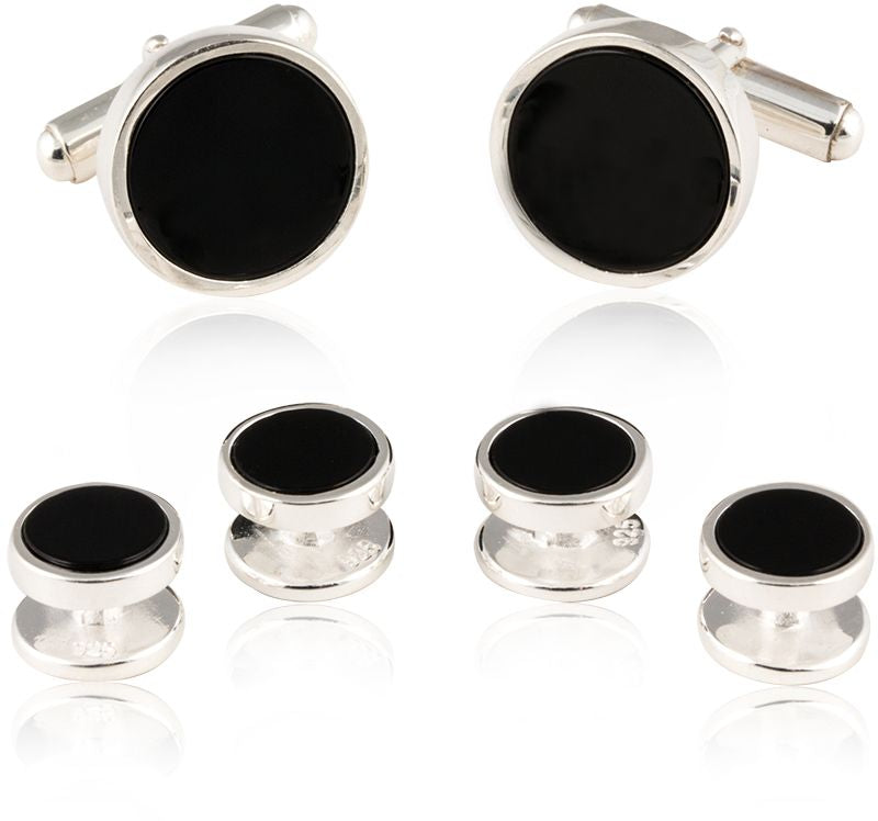 Men's Onyx Sterling Silver Tuxedo Cufflinks & Studs Formal Set for Wedding Solid 925 Includes Travel Gift Box