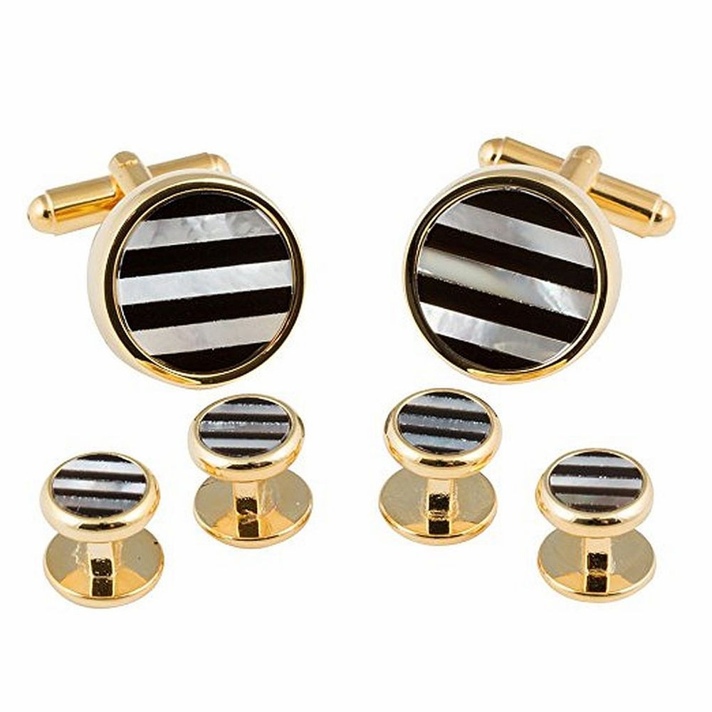 Striped Onyx and Mother of Pearl Gold Cufflinks and Studs