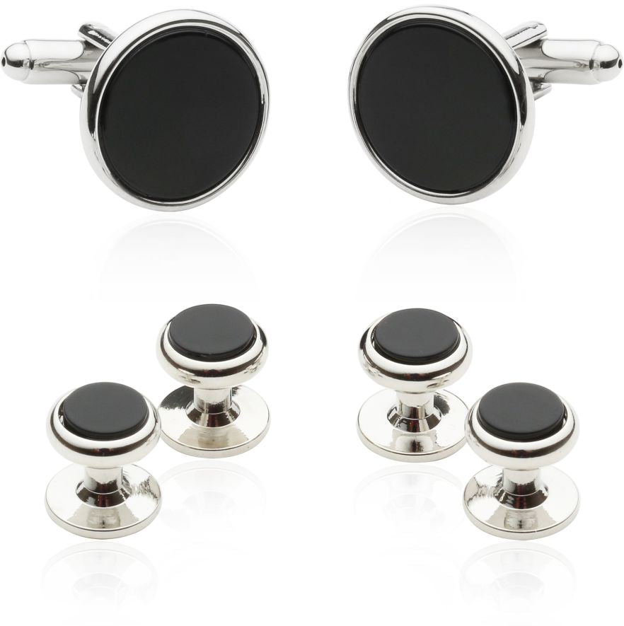 Men's Tuxedo Cufflinks and Studs - Black Onyx with Silver Tone