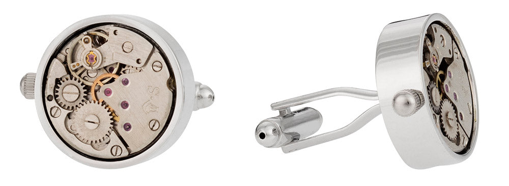 Working Silver Watch Movement Steampunk Cufflinks with Glass Cover