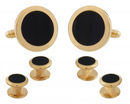 Mens Round Black Onyx Gold Cufflinks Studs Tuxedo Formal Set