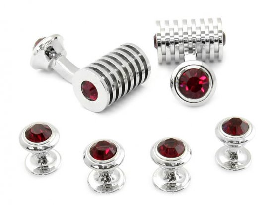 Men's Ruby Red Swarovski Barrel Cufflinks and Studs