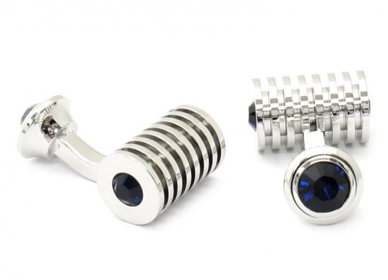 Men's Silver Blue Swarovski Barrel Cufflinks and Studs