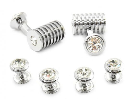 Men's Silver Clear Swarovski Barrel Cufflinks and Studs